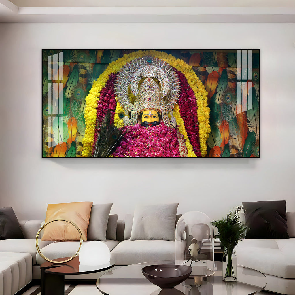 Divine Khatu Shyam Ji Acrylic Wall Art Canvas With Floral Decoration And Spiritual Theme