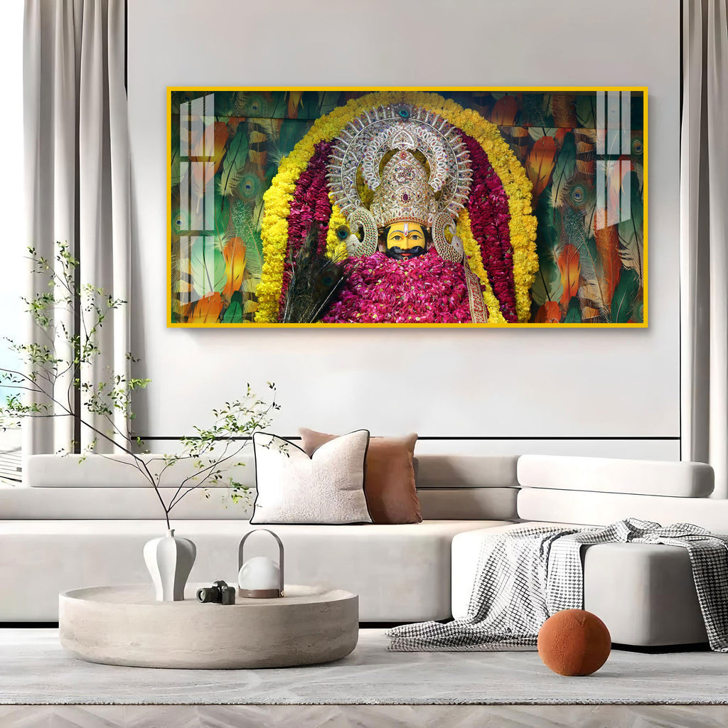 Divine Khatu Shyam Ji Acrylic Wall Art Canvas With Floral Decoration And Spiritual Theme