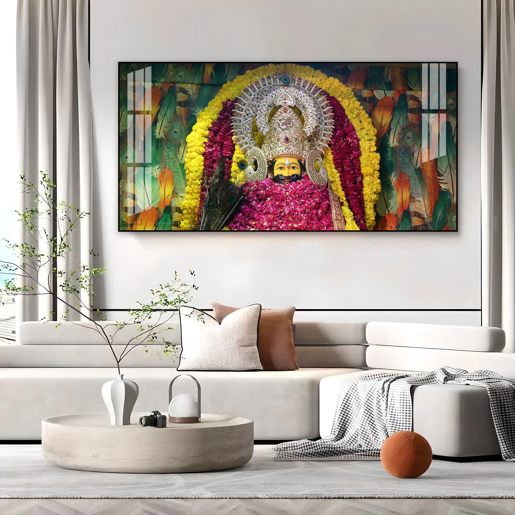 Divine Khatu Shyam Ji Acrylic Wall Art Canvas With Floral Decoration And Spiritual Theme