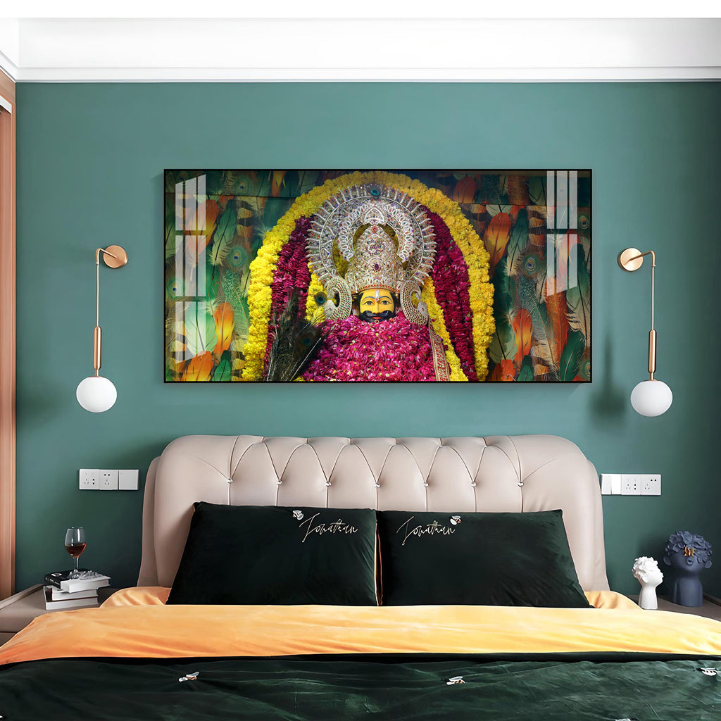 Divine Khatu Shyam Ji Acrylic Wall Art Canvas With Floral Decoration And Spiritual Theme