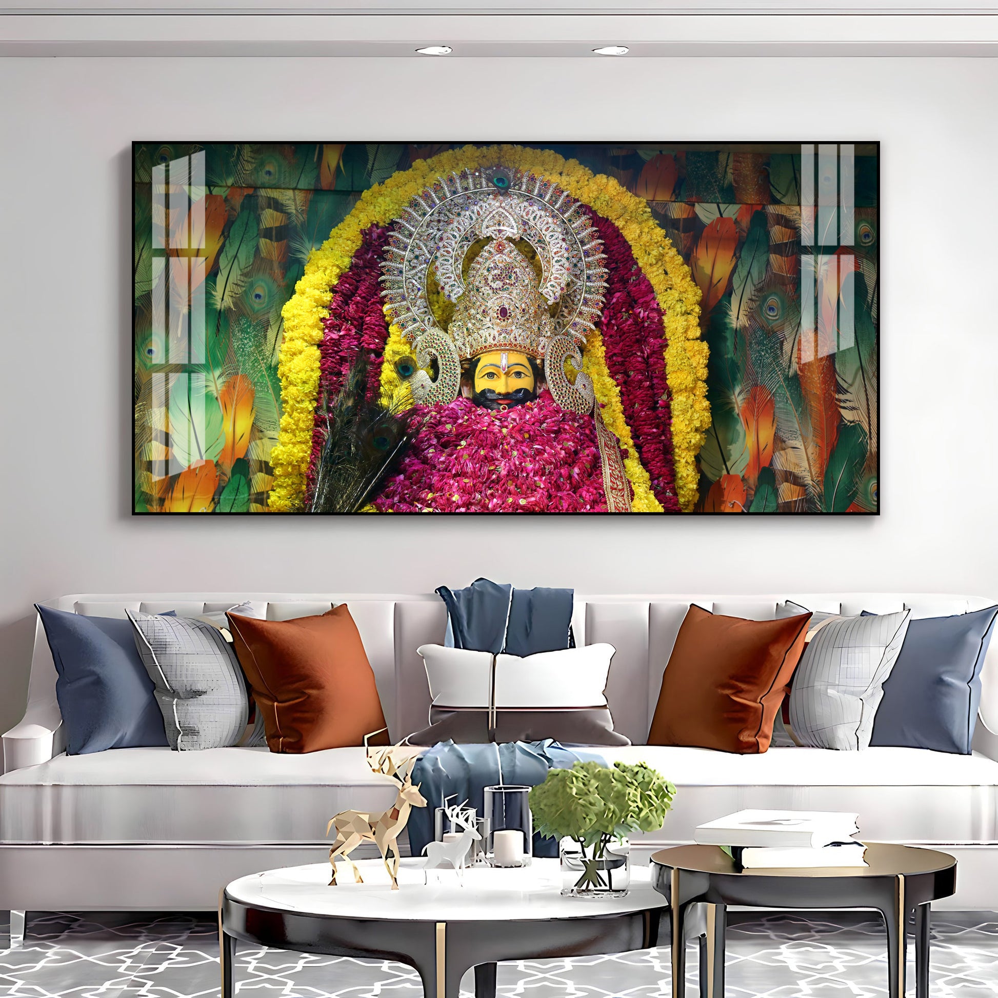 Divine Khatu Shyam Ji Acrylic Wall Art Canvas With Floral Decoration And Spiritual Theme