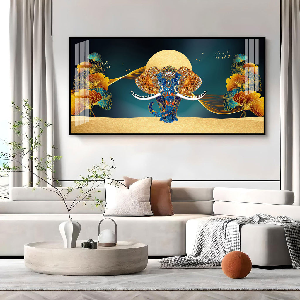 Luxury Elephant Artwork Acrylic Wall Art Canvas With Elegant Gold And Blue Theme