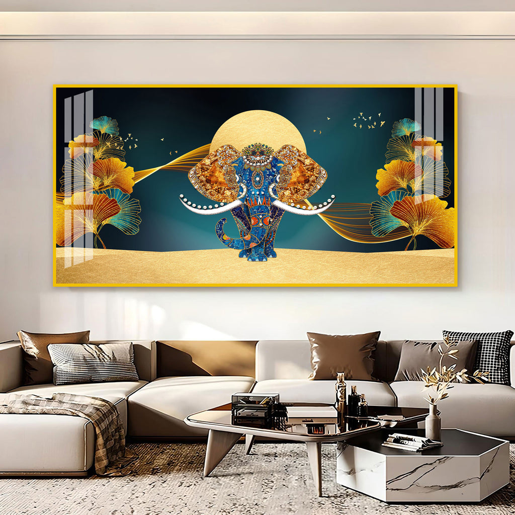 Luxury Elephant Artwork Acrylic Wall Art Canvas With Elegant Gold And Blue Theme