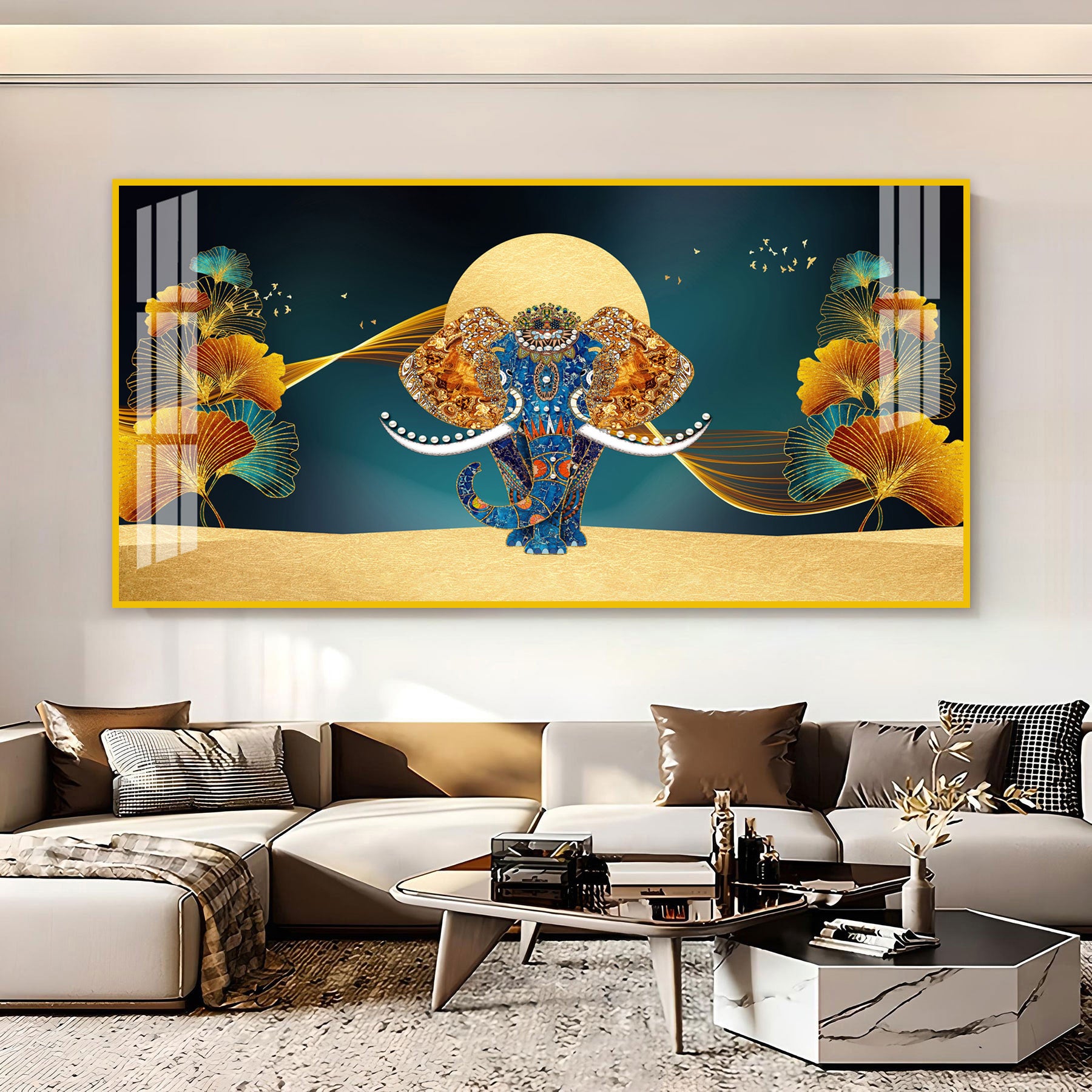 Luxury Elephant Artwork Acrylic Wall Art Canvas With Elegant Gold And Blue Theme