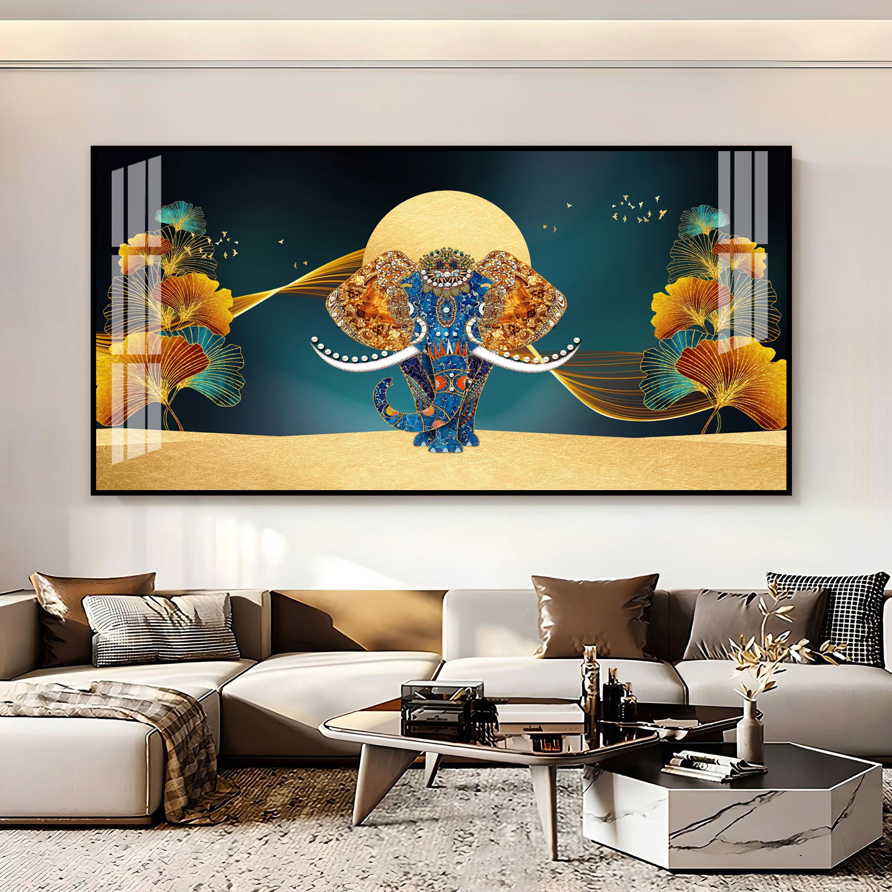Luxury Elephant Artwork Acrylic Wall Art Canvas With Elegant Gold And Blue Theme