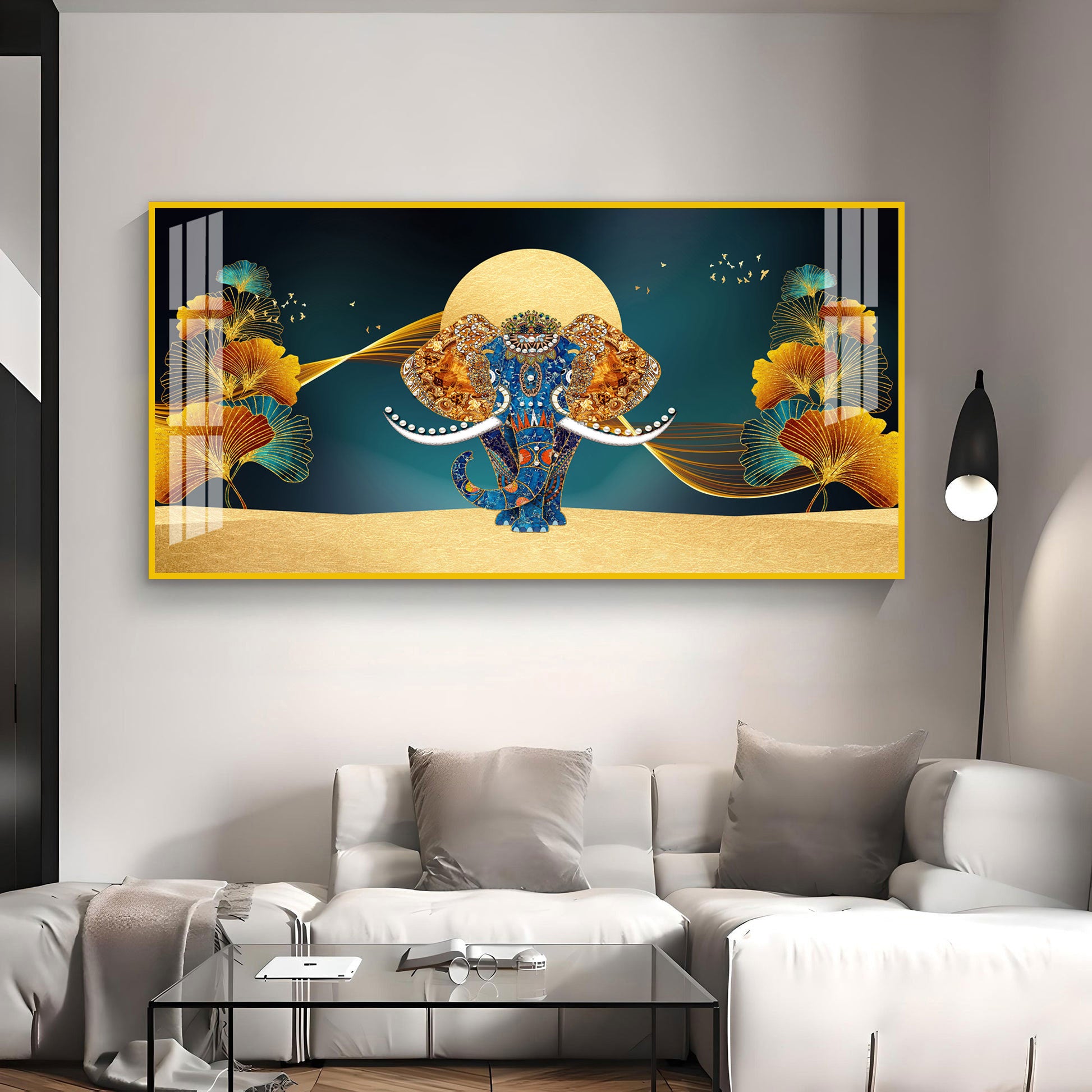 Luxury Elephant Artwork Acrylic Wall Art Canvas With Elegant Gold And Blue Theme