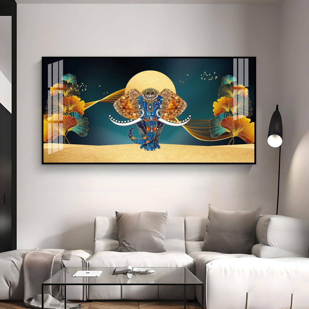 Luxury Elephant Artwork Acrylic Wall Art Canvas With Elegant Gold And Blue Theme
