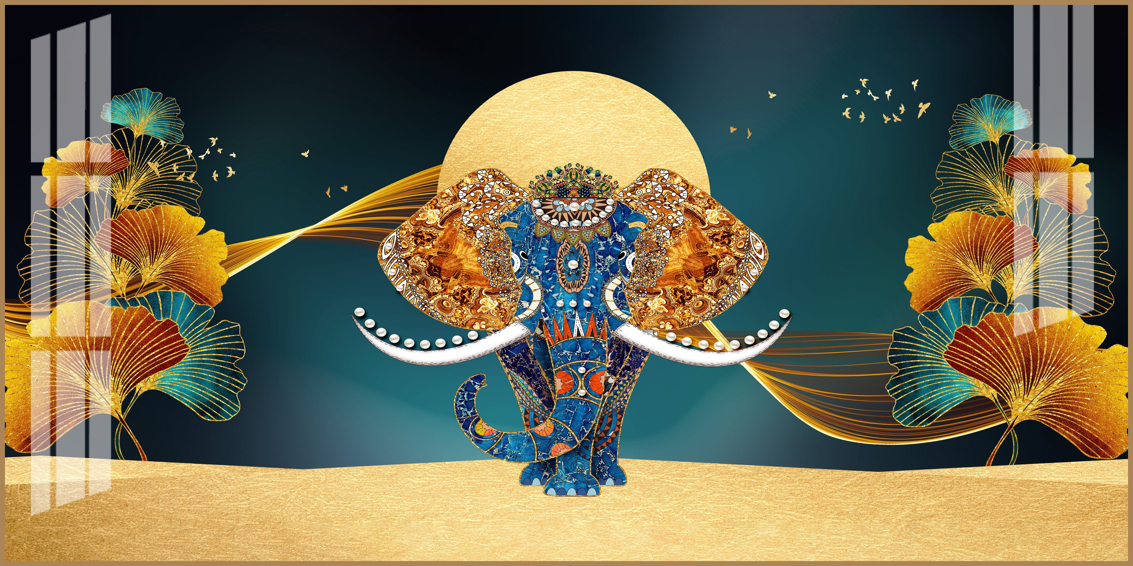 Luxury Elephant Artwork Acrylic Wall Art Canvas With Elegant Gold And Blue Theme