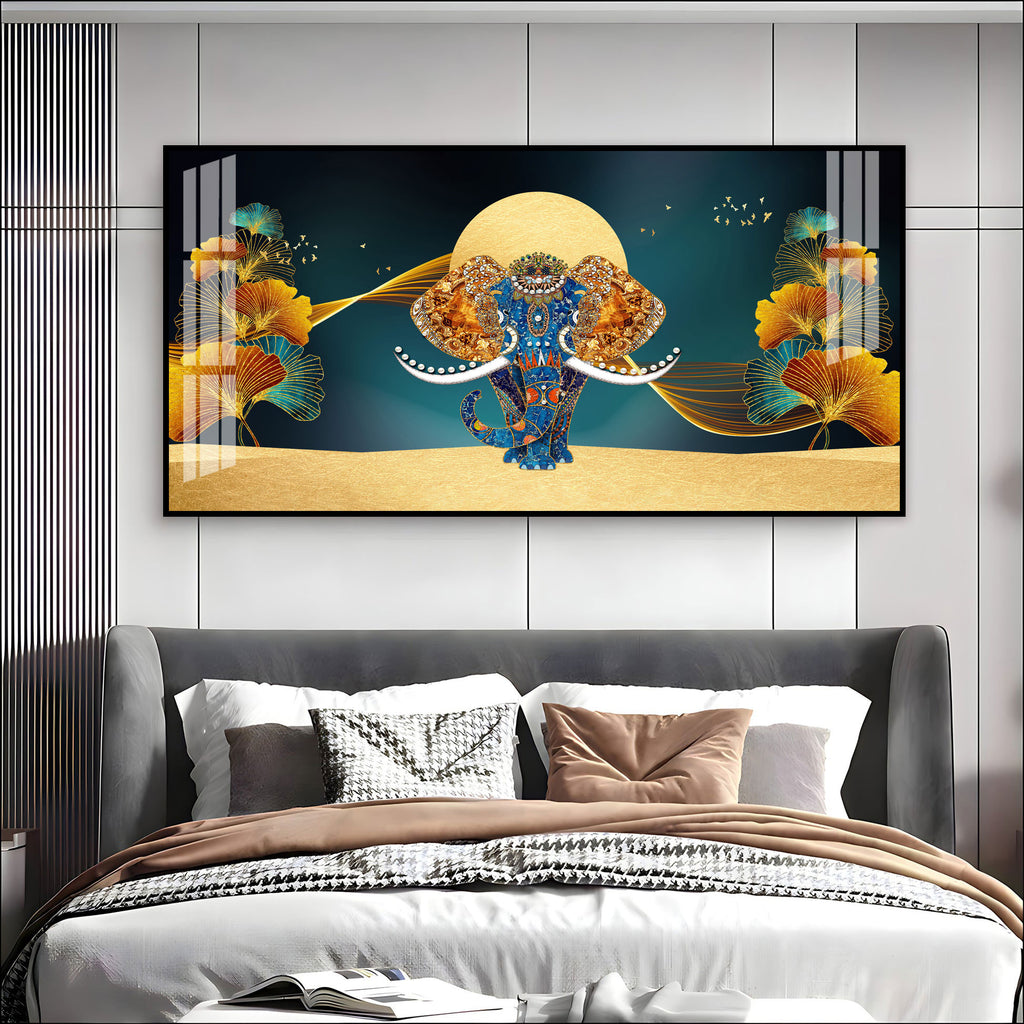 Luxury Elephant Artwork Acrylic Wall Art Canvas With Elegant Gold And Blue Theme