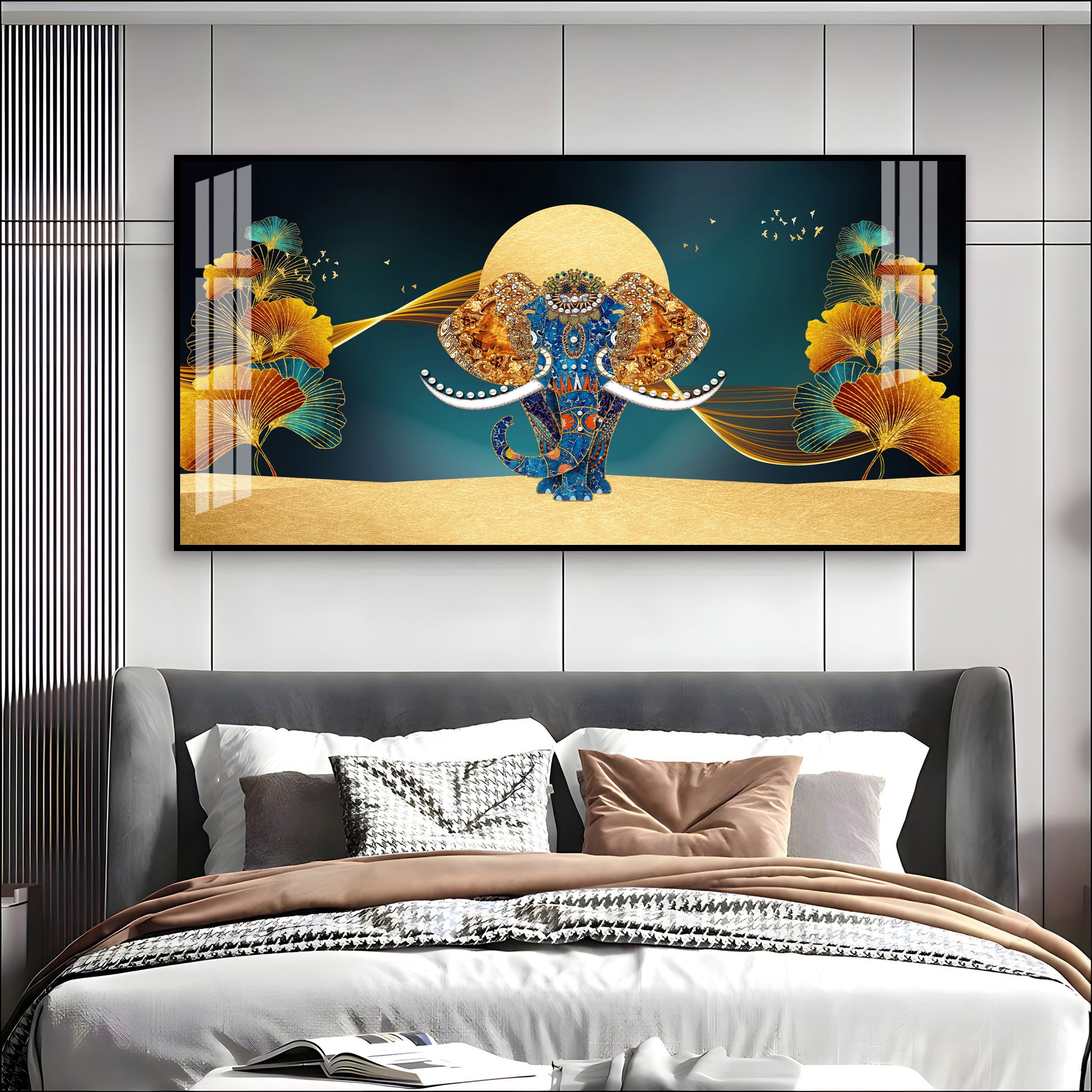 Luxury Elephant Artwork Acrylic Wall Art Canvas With Elegant Gold And Blue Theme