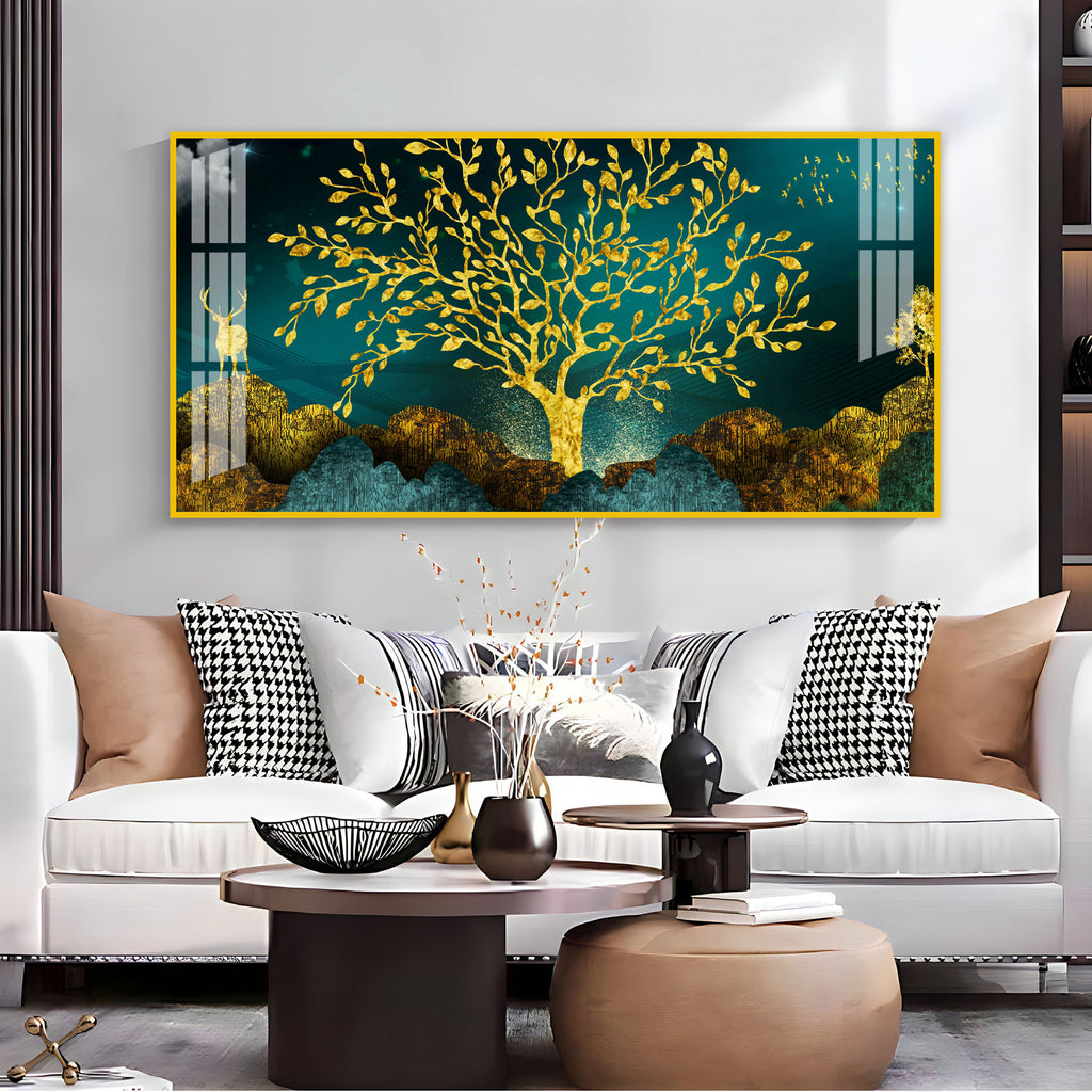 Elegant Tree Of Life Acrylic Wall Art Canvas With Gold Finish And Modern Landscape