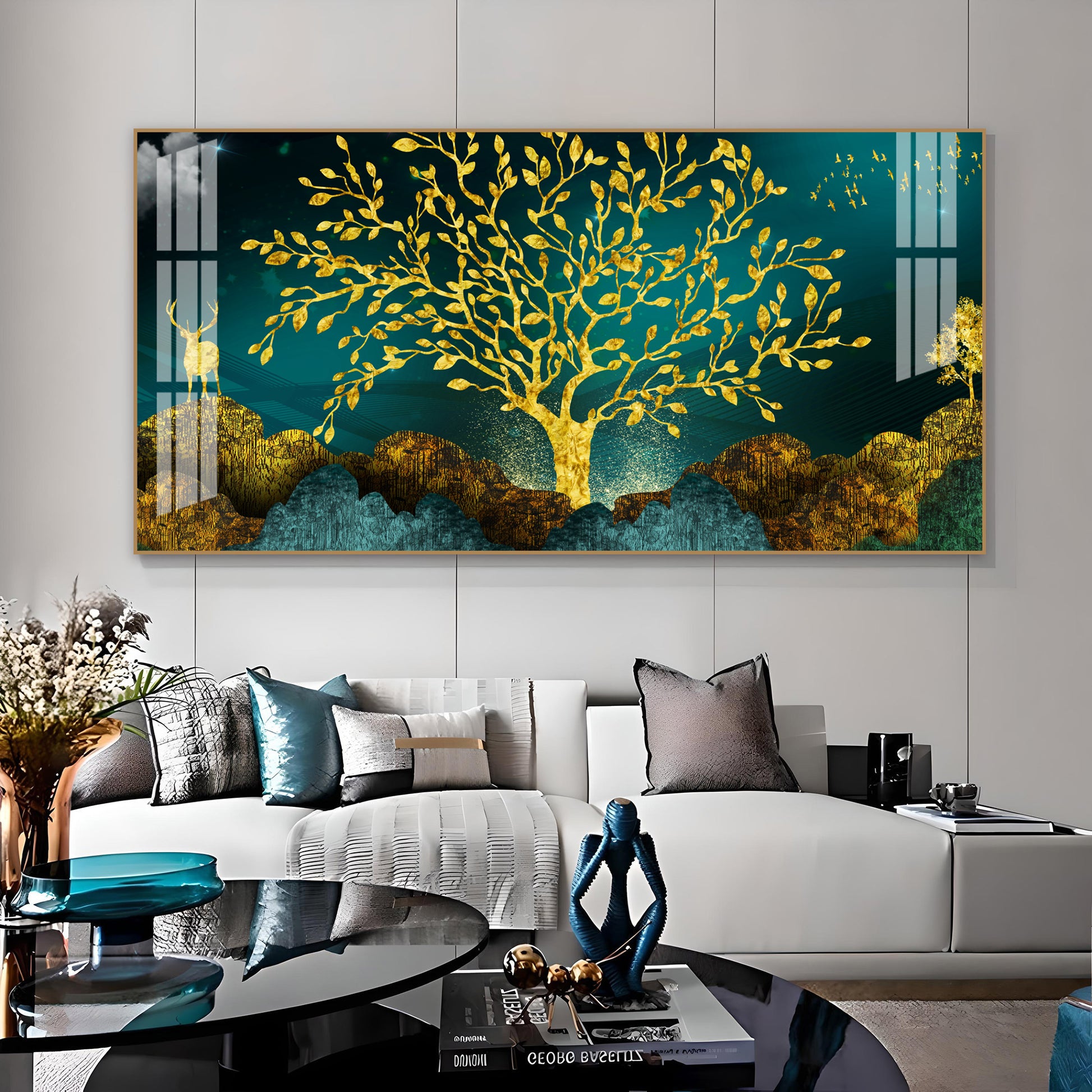 Elegant Tree Of Life Acrylic Wall Art Canvas With Gold Finish And Modern Landscape
