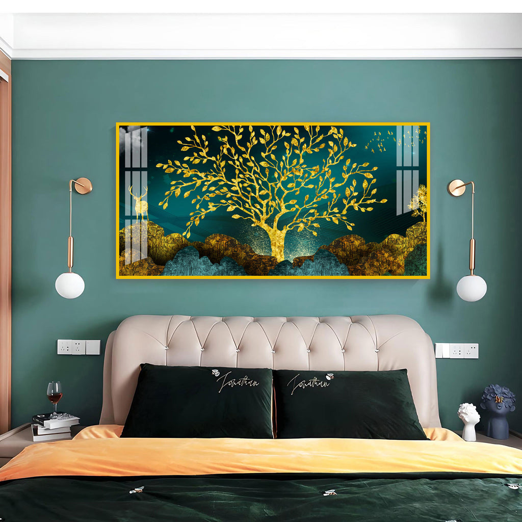 Elegant Tree Of Life Acrylic Wall Art Canvas With Gold Finish And Modern Landscape