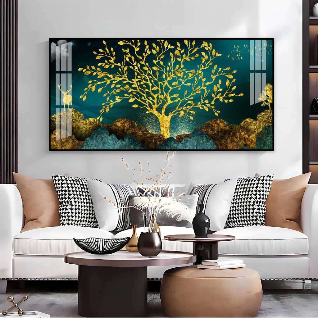 Elegant Tree Of Life Acrylic Wall Art Canvas With Gold Finish And Modern Landscape