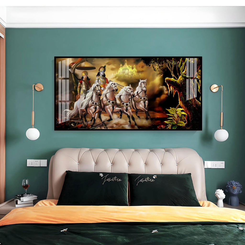 Religious Mahabharat Scene Acrylic Wall Art Canvas With Krishna Chariot Artwork