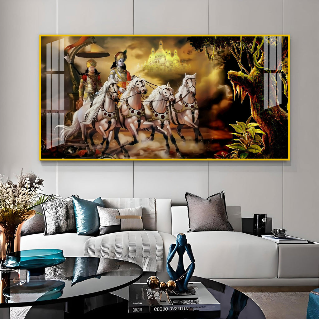 Religious Mahabharat Scene Acrylic Wall Art Canvas With Krishna Chariot Artwork