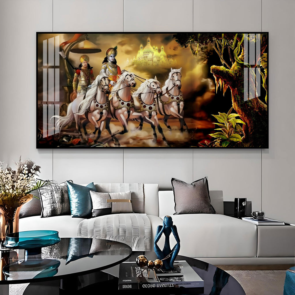 Religious Mahabharat Scene Acrylic Wall Art Canvas With Krishna Chariot Artwork