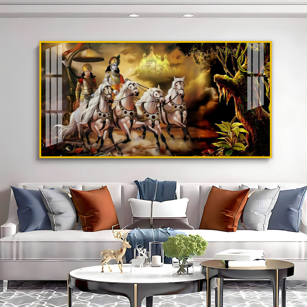 Religious Mahabharat Scene Acrylic Wall Art Canvas With Krishna Chariot Artwork