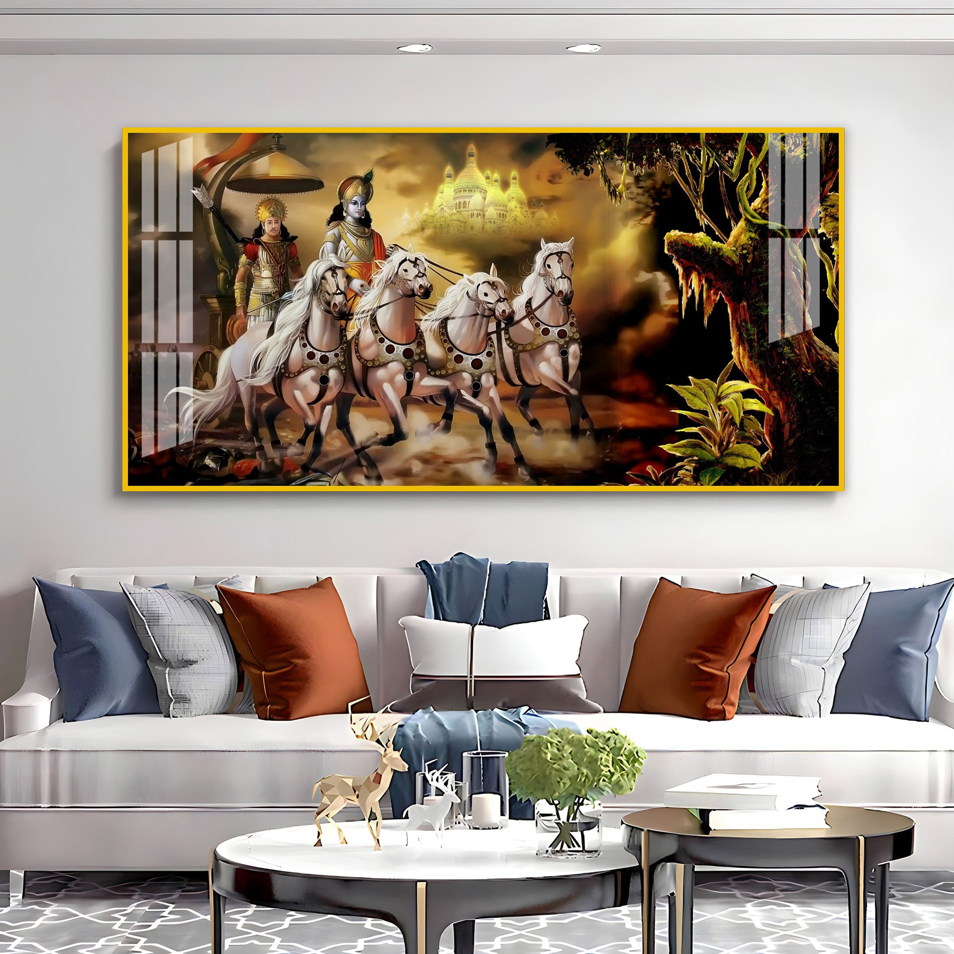 Religious Mahabharat Scene Acrylic Wall Art Canvas With Krishna Chariot Artwork