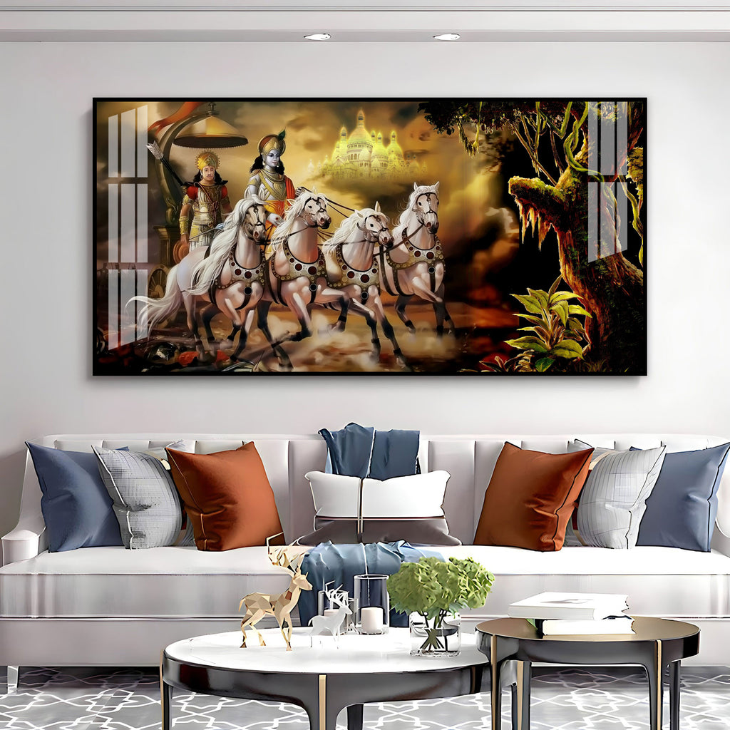 Religious Mahabharat Scene Acrylic Wall Art Canvas With Krishna Chariot Artwork