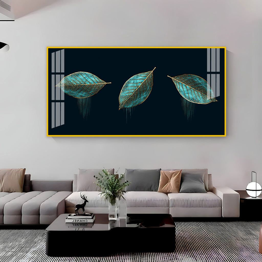Modern Blue Leaves Acrylic Wall Art Canvas With Gold Detailing And Minimal Design