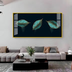 Modern Blue Leaves Acrylic Wall Art Canvas With Gold Detailing And Minimal Design