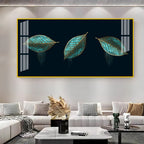 Modern Blue Leaves Acrylic Wall Art Canvas With Gold Detailing And Minimal Design