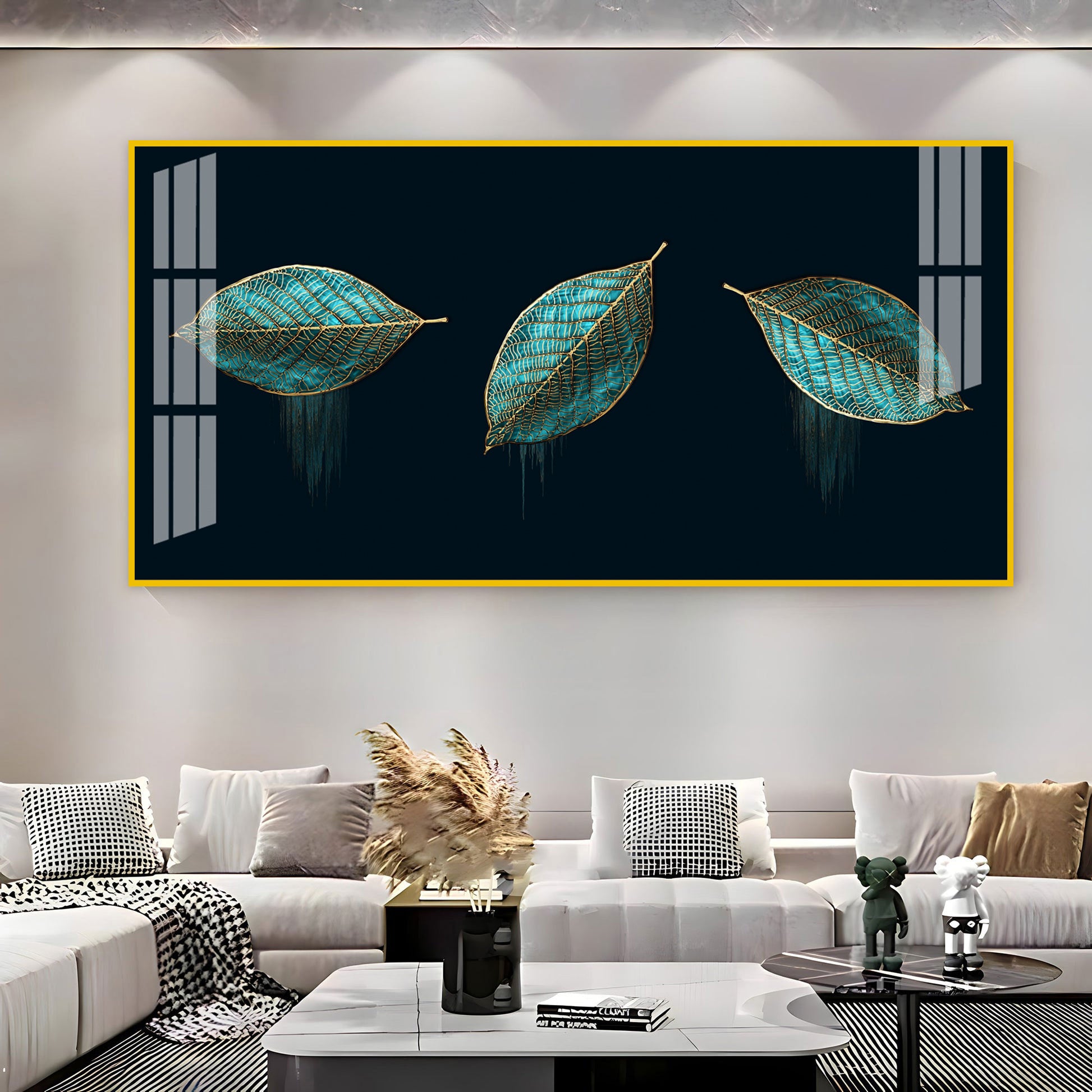 Modern Blue Leaves Acrylic Wall Art Canvas With Gold Detailing And Minimal Design