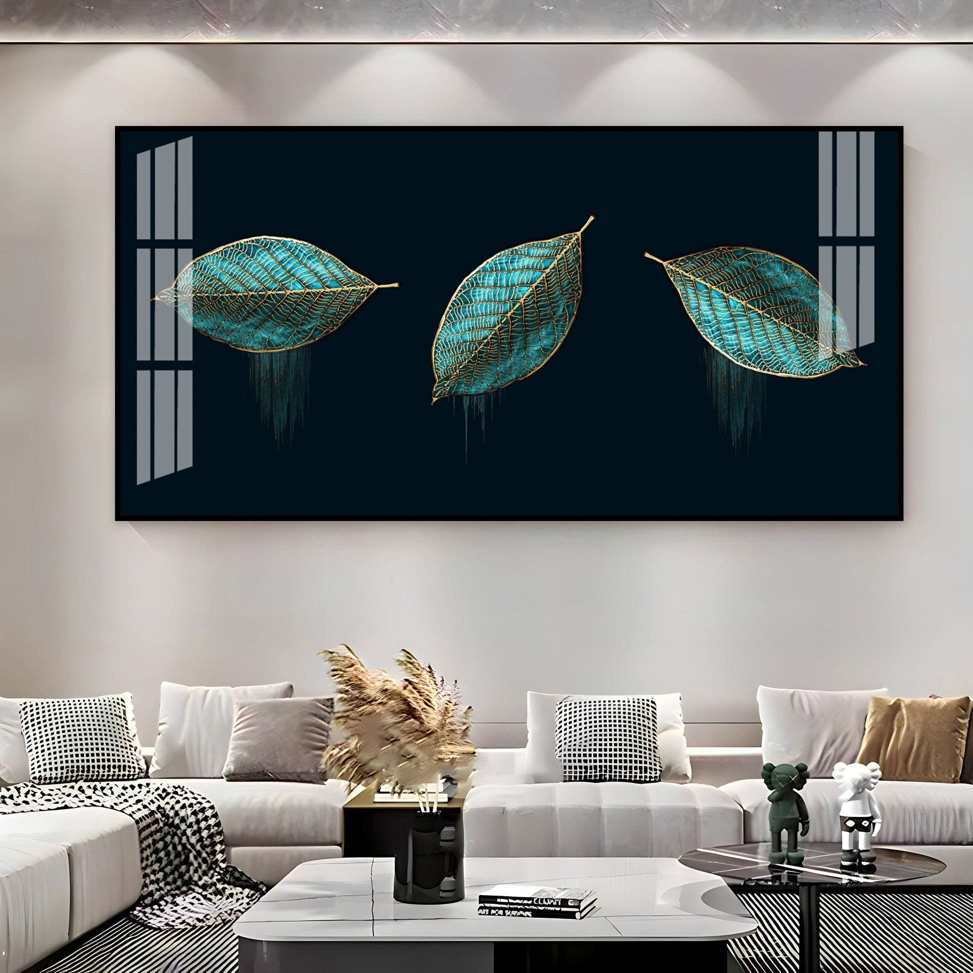 Modern Blue Leaves Acrylic Wall Art Canvas With Gold Detailing And Minimal Design