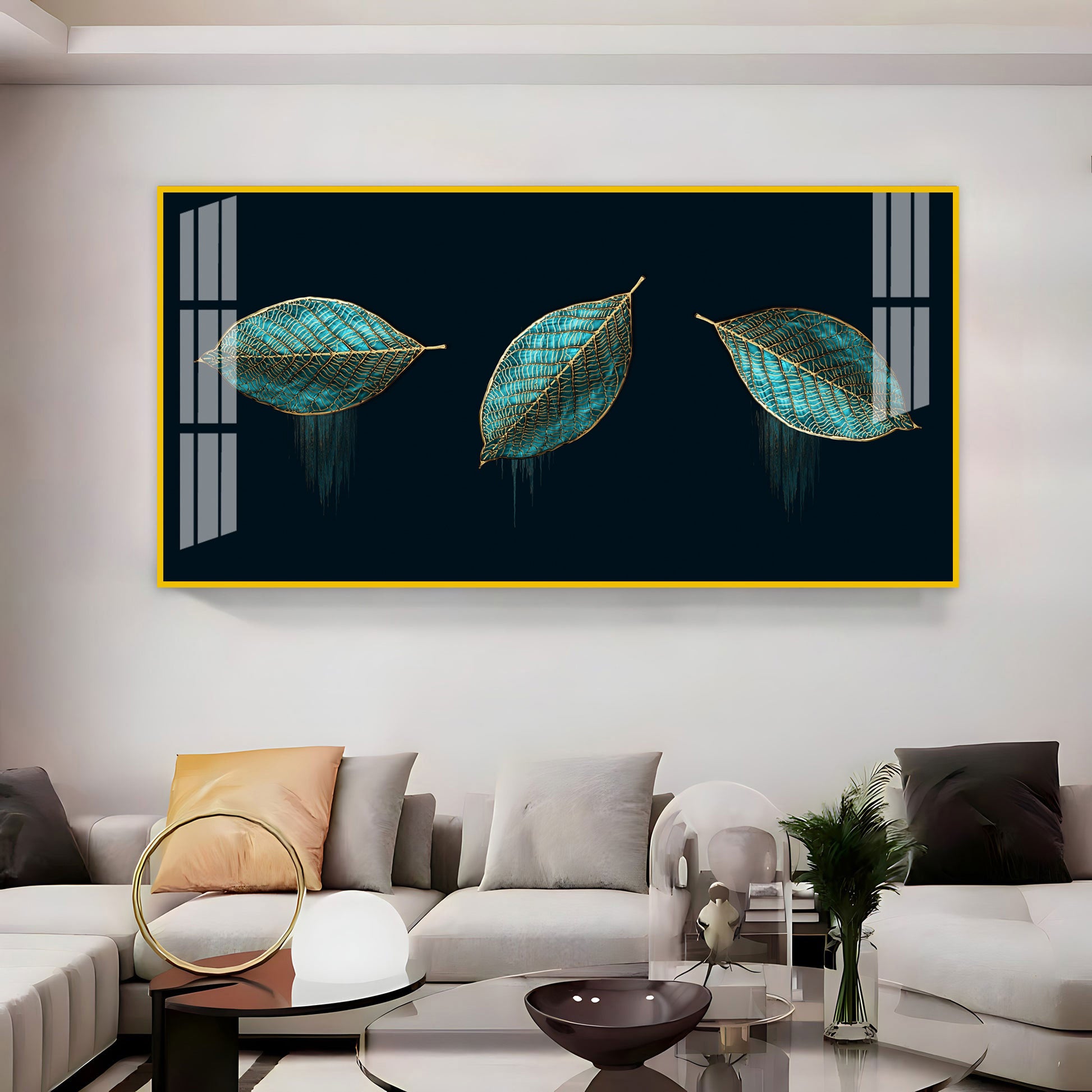 Modern Blue Leaves Acrylic Wall Art Canvas With Gold Detailing And Minimal Design
