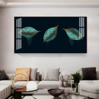Modern Blue Leaves Acrylic Wall Art Canvas With Gold Detailing And Minimal Design