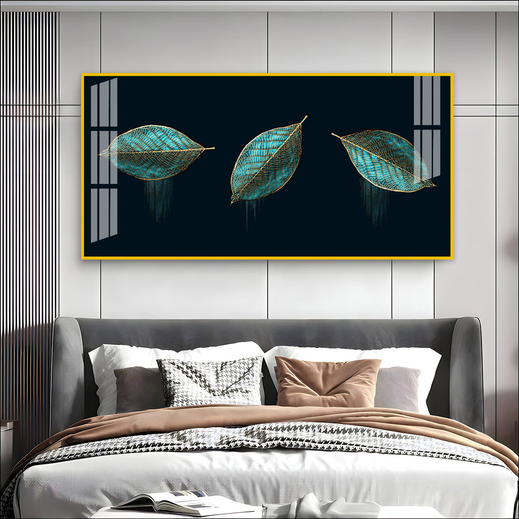Modern Blue Leaves Acrylic Wall Art Canvas With Gold Detailing And Minimal Design