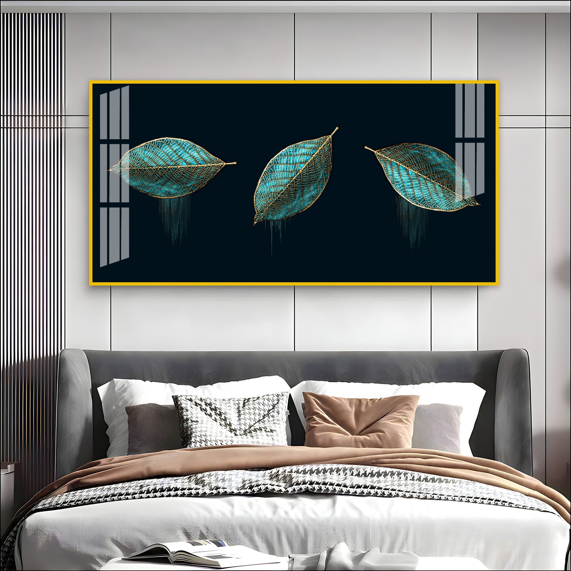 Modern Blue Leaves Acrylic Wall Art Canvas With Gold Detailing And Minimal Design