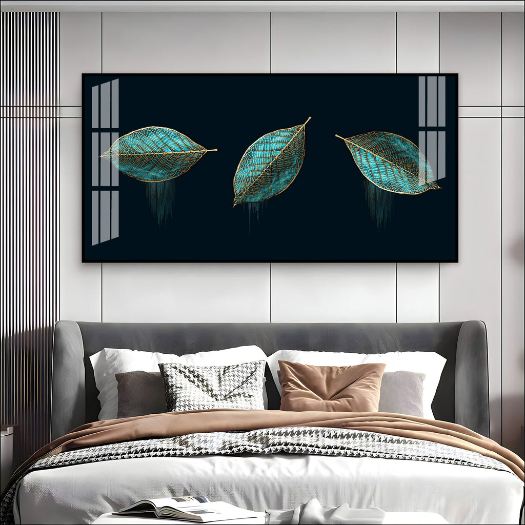 Modern Blue Leaves Acrylic Wall Art Canvas With Gold Detailing And Minimal Design