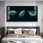 Modern Blue Leaves Acrylic Wall Art Canvas With Gold Detailing And Minimal Design