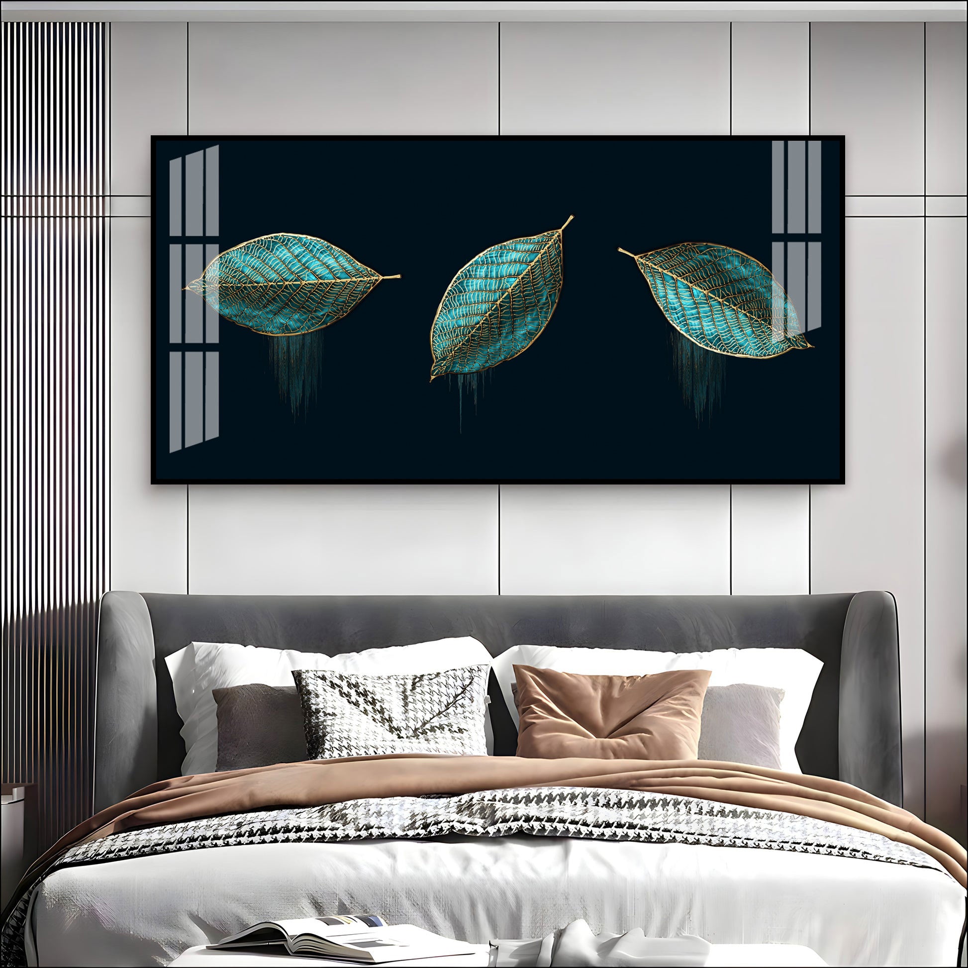 Modern Blue Leaves Acrylic Wall Art Canvas With Gold Detailing And Minimal Design