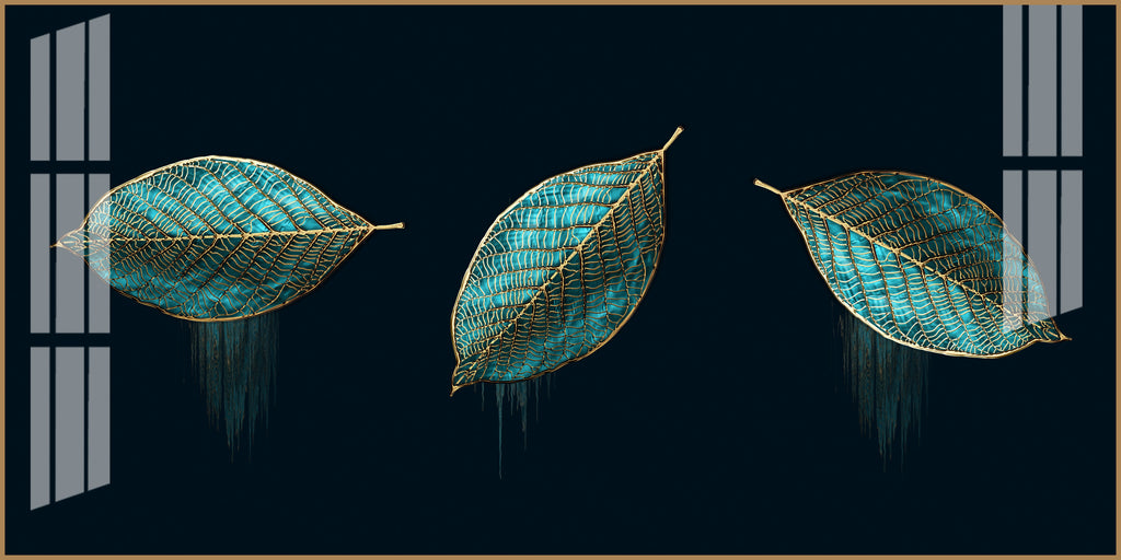 Modern Blue Leaves Acrylic Wall Art Canvas With Gold Detailing And Minimal Design