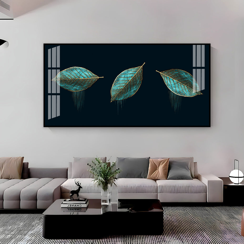 Modern Blue Leaves Acrylic Wall Art Canvas With Gold Detailing And Minimal Design
