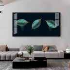 Modern Blue Leaves Acrylic Wall Art Canvas With Gold Detailing And Minimal Design