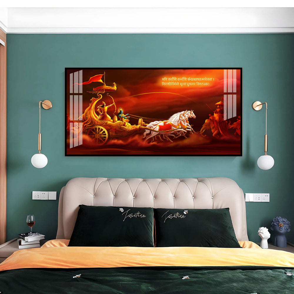 Bhagavad Gita Krishna Arjuna Acrylic Wall Art Canvas With Mythological Hindu Artwork