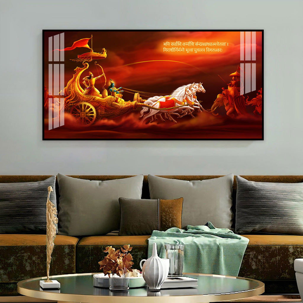 Bhagavad Gita Krishna Arjuna Acrylic Wall Art Canvas With Mythological Hindu Artwork