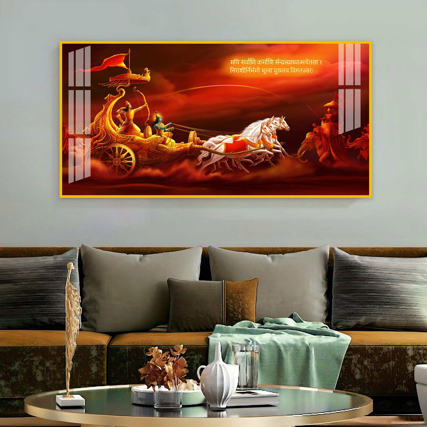 Bhagavad Gita Krishna Arjuna Acrylic Wall Art Canvas With Mythological Hindu Artwork