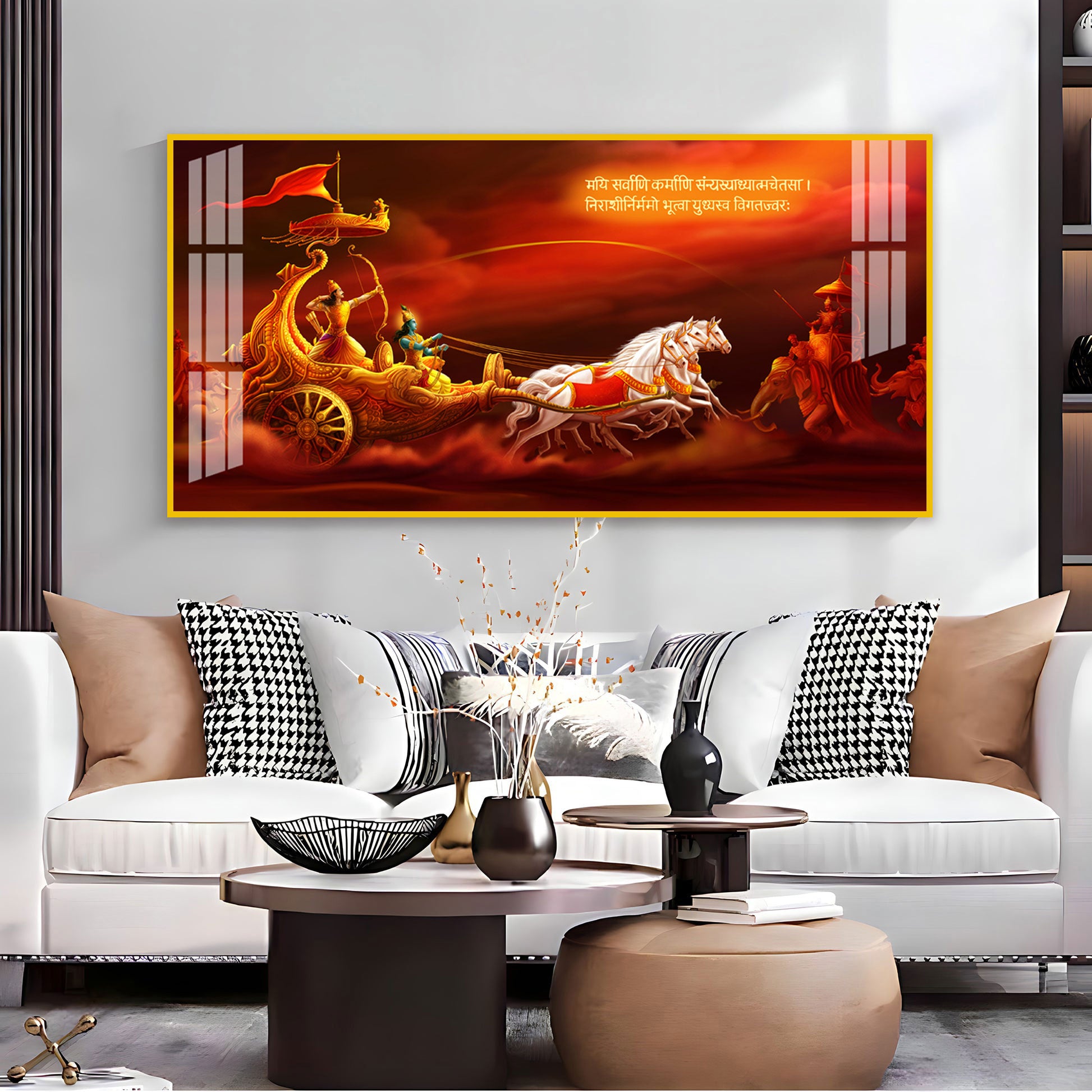 Bhagavad Gita Krishna Arjuna Acrylic Wall Art Canvas With Mythological Hindu Artwork