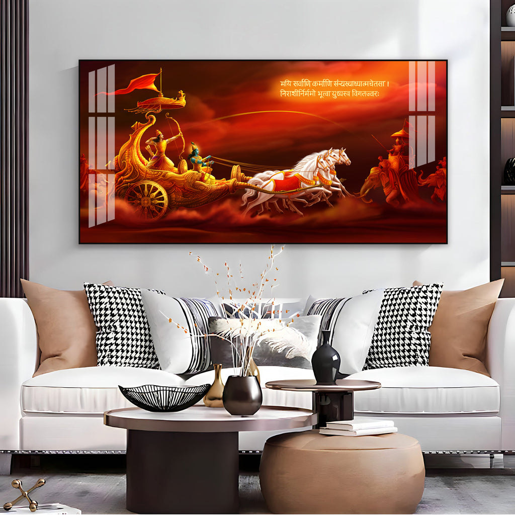 Bhagavad Gita Krishna Arjuna Acrylic Wall Art Canvas With Mythological Hindu Artwork