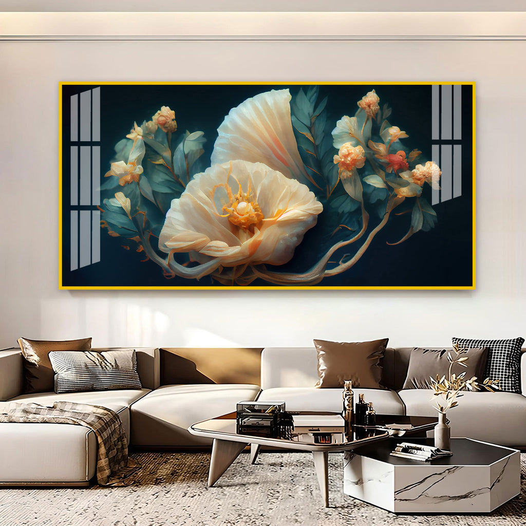 Beautiful Flower Artwork Acrylic Wall Art Canvas With Cream Petals And Dark Background