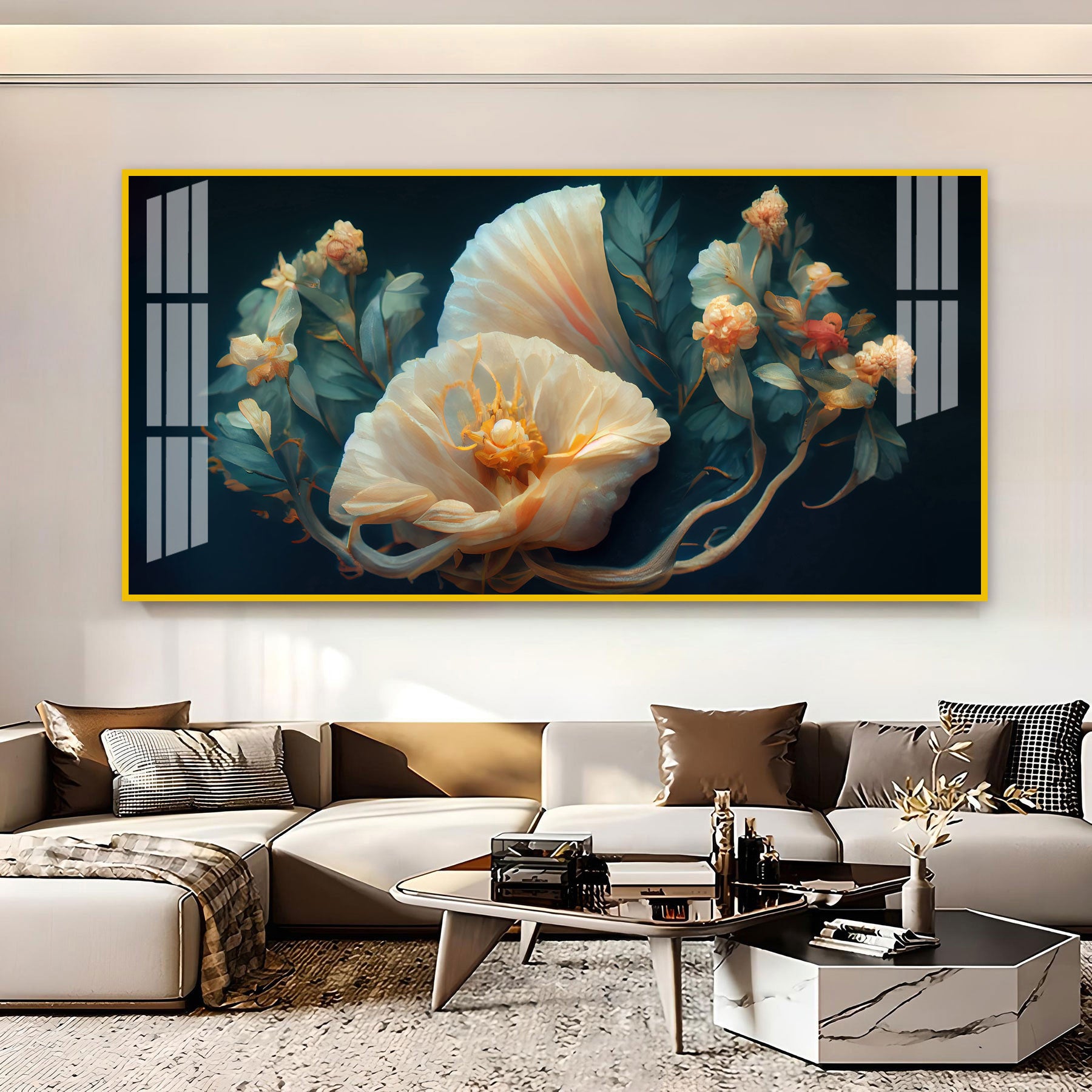 Beautiful Flower Artwork Acrylic Wall Art Canvas With Cream Petals And Dark Background