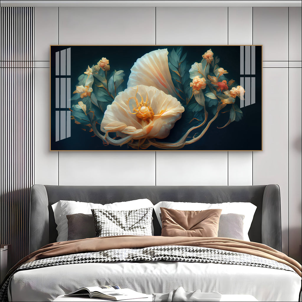 Beautiful Flower Artwork Acrylic Wall Art Canvas With Cream Petals And Dark Background