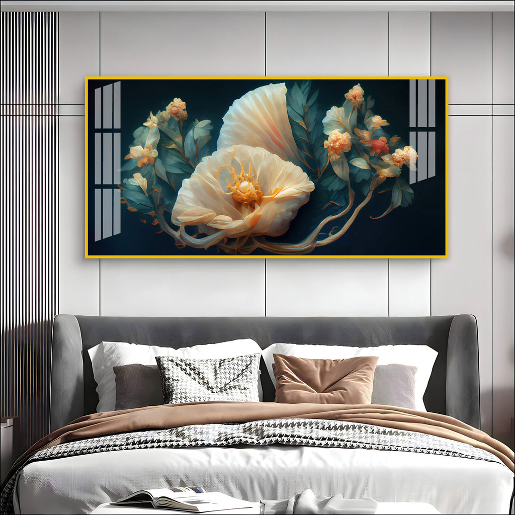 Beautiful Flower Artwork Acrylic Wall Art Canvas With Cream Petals And Dark Background