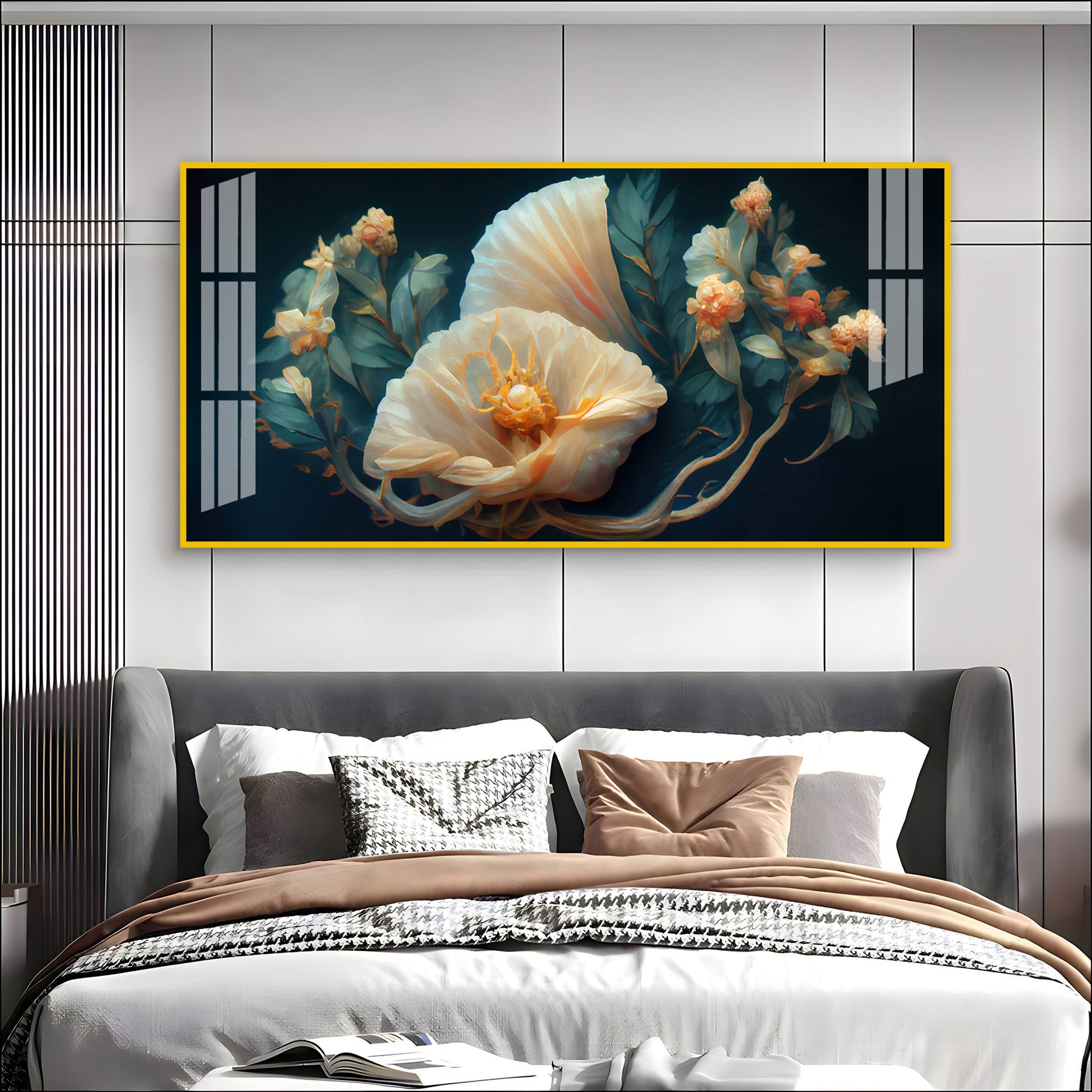Beautiful Flower Artwork Acrylic Wall Art Canvas With Cream Petals And Dark Background