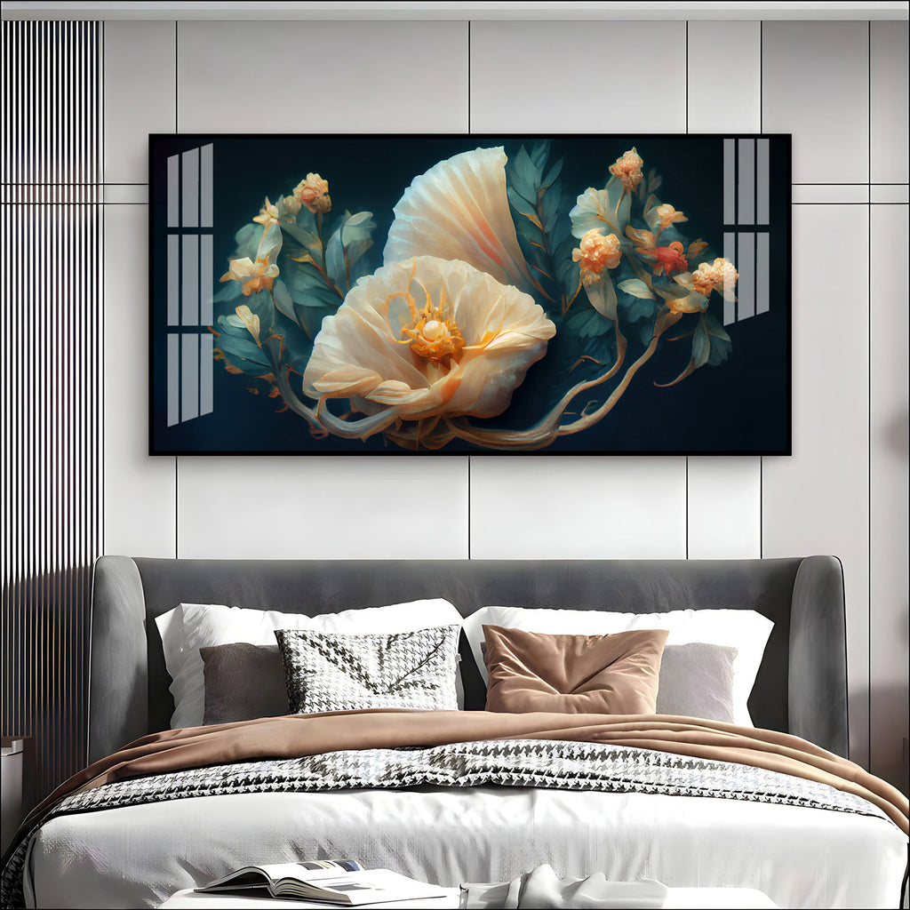 Beautiful Flower Artwork Acrylic Wall Art Canvas With Cream Petals And Dark Background